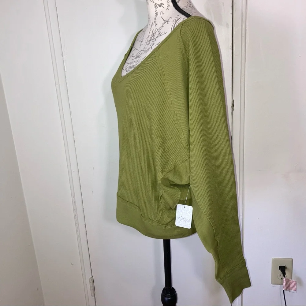 Free People Santa Clara Thermal Top Green Long Sleeve Top 100% Cotton